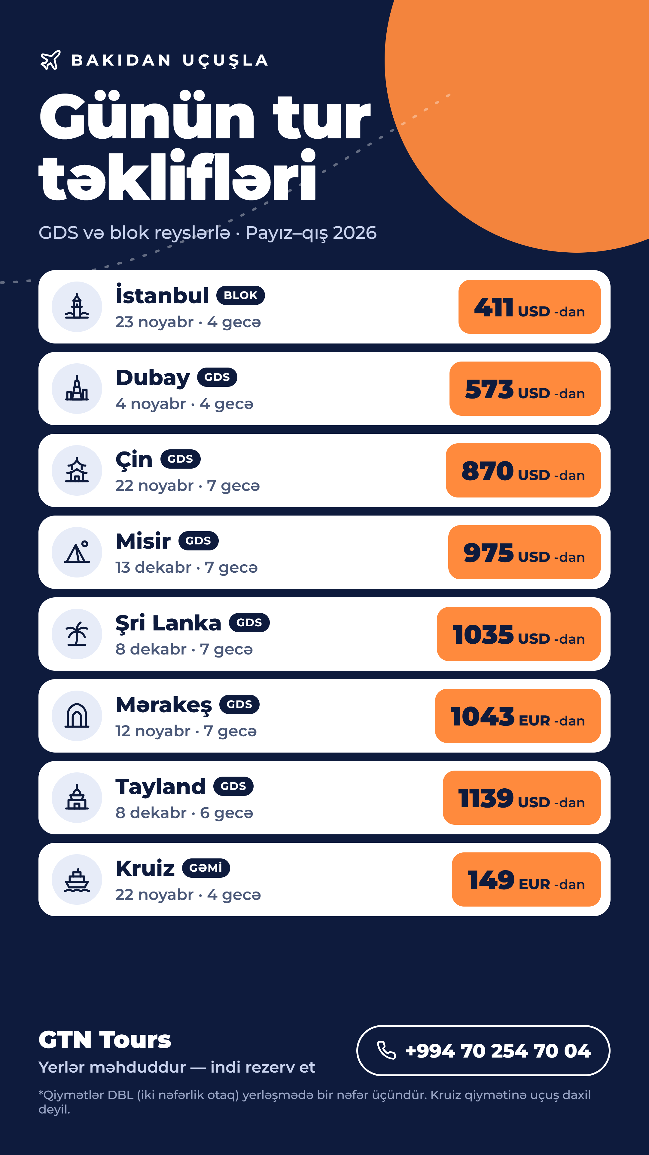 Payız-qış tətilinizi GTN Tours ilə planlayın — Antalyadan Dubaya ən sərfəli turlar bir zəng uzaqlığında!